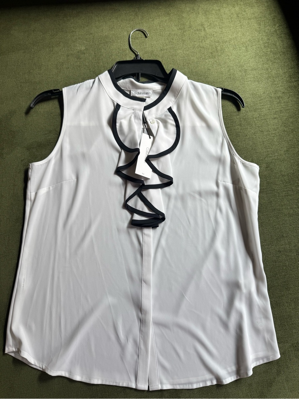 Calvin Klein White Sleeveless Ruffle-Front Camisole with Black Trim